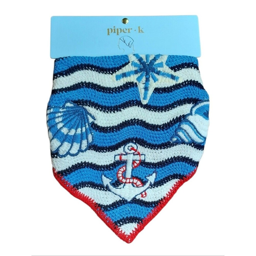 Piper K Blue Nautical Knit Head Scarf with Red Trim NWT